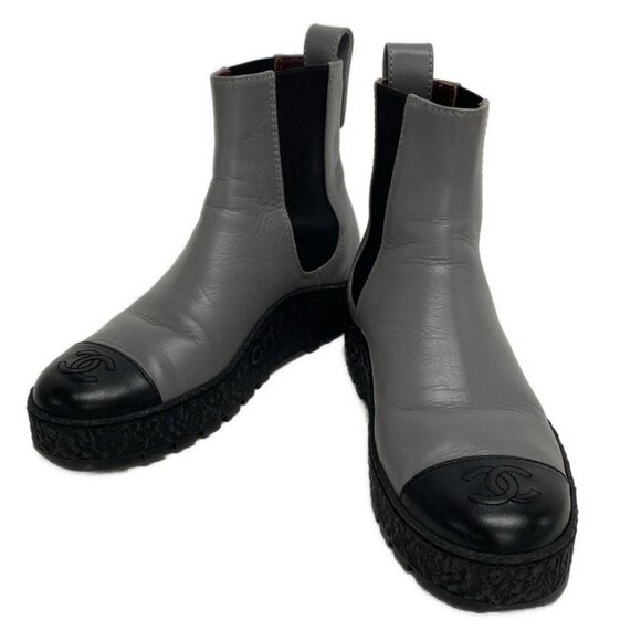 CHANEL - Gray Black Leather Chemical Fiber Women's Boots 678-040125 - Picture 2 of 8
